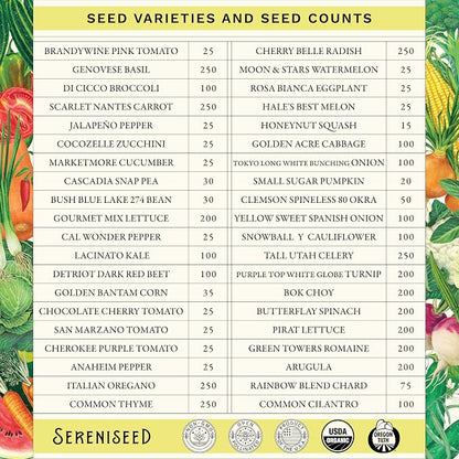 Sereniseed Organic Vegetable Seeds (40-Pack) – Non GMO, Open Pollinated - Basil, Snap Pea, Broccoli, Bean, Jalapeno, Tomato, Lettuce, Cucumber, Carrot, Zucchini Seeds for Planting