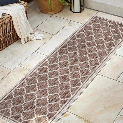 JONATHAN Y Moroccan Trellis Indoor Outdoor Runner Rug 2X8 Espresso/Taupe, Trebol Textured Weave for Backyard, Patio, Porch, Easy-Cleaning, High Traffic, Pet-Friendly, Non-Shedding (SMB109B-28)