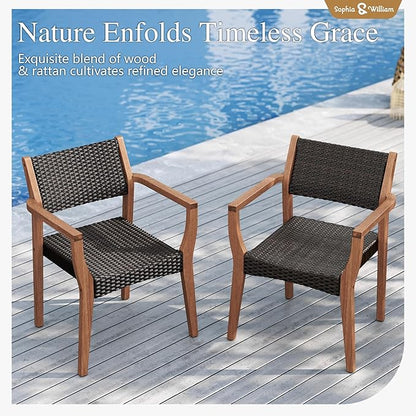 Sophia & William Patio Dining Chair Set of 2, Outdoor Rattan Wicker Dining Chairs with Sturdy Acacia Wood Frame,Weather Resistant Accent Chairs for Garden, Backyard, Poolside, Balcony