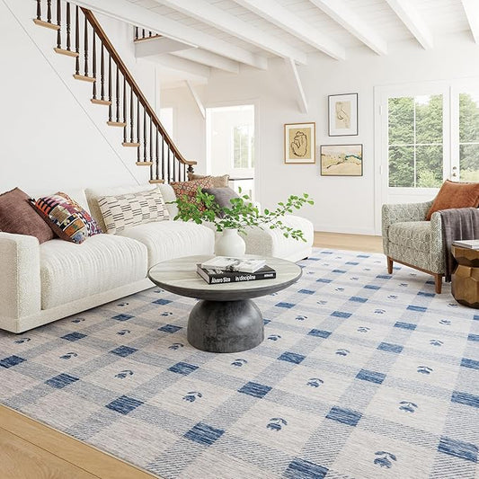 Dash & Albert Valen Plaid Blue Machine Washable Rug, Runner-2.5 X 8 Feet, Blue/White Plaid Pattern