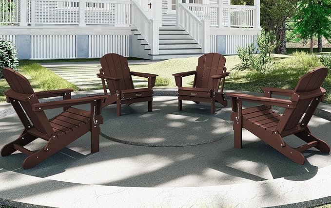 SERWALL Folding Adirondack Chair for Outdoor, All-Weather Patio Chairs with Wood Texture, Fire Pit Chairs for Deck Porch Garden (Folding Coffee)