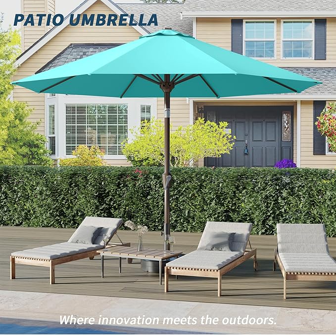 PatioKingdom 10FT Patio Umbrella with Push Button Tilt and Crank, Outdoor Market Umbrella with 8 Fiberglass Ribs, UV Protection Table Umbrella for Pool,Backyard,Garden,Deck(Peacock Blue, 10FT)