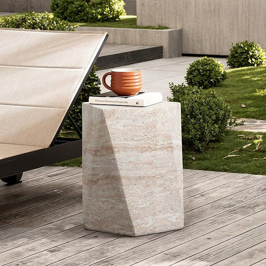 LuxenHome Outdoor Accent Side Table, 18'' Travertine-Style Irregular Textured Cement Patio End Table, Outdoor Coffee Furniture for Backyard Balcony, Modern Garden Stool for Outside