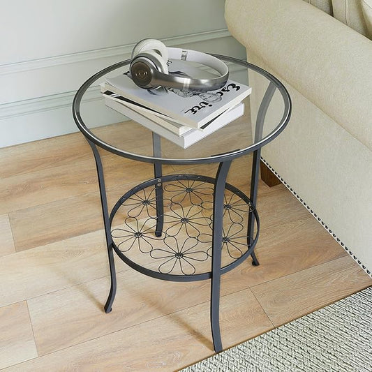 DDK 2-Tier Round Metal Side Table with Glass Top, Outdoor End Table for Patio or Balcony