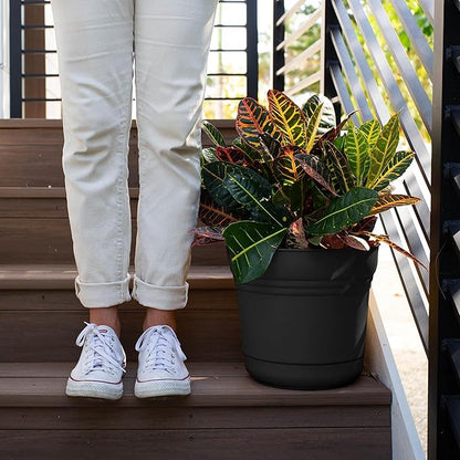 Bloem Saturn 7" Black Round Resin Planter Pot with Snap-in Saucer for Indoor and Outdoor Gardening