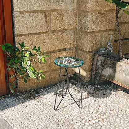 Mosaic Flower Outdoor Side Tea Table, Glass Plant Tables Decorative Metal Patio Table, Round Outdoor Tables Unique Furniture-Weather-Resistant Patio Decor, Valentine's Day Decoration Gift