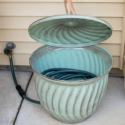 Sunnydaze Metal Garden Hose Holder Pot with Lid - UV-Resistant 145-Foot Garden Hose Pot for Outside - Sage Glaze Finish