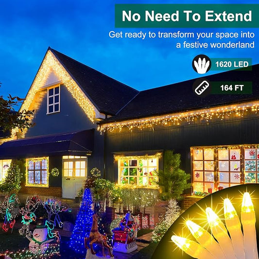 1620 LED 164ft Christmas Icicle Lights Outdoor,8 Modes Fairy Curtain Icicle String Lights with 360 Drops, Twinkly Lights Plug in Timerr Memory for Outdoor Holiday Wedding Party (Warm White)