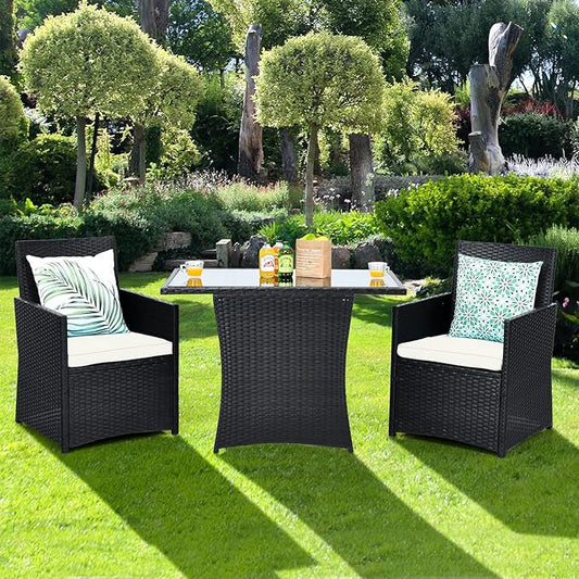 HAPPYGRILL 3-Pieces Outdoor Wicker Bistro Set PE Rattan Dining Table Set with Cushioned Chairs, Patio Conversation Set for Backyard Porch Garden and Poolside