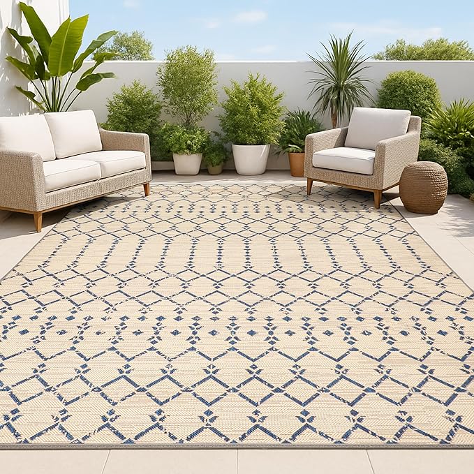 JONATHAN Y Moroccan Geometric Indoor Outdoor Area Rug 6X9 Beige/Navy, Ourika Textured Weave for Backyard, Patio, Porch, Easy-Cleaning, High Traffic, Pet-Friendly, Non-Shedding (SMB108H-6)