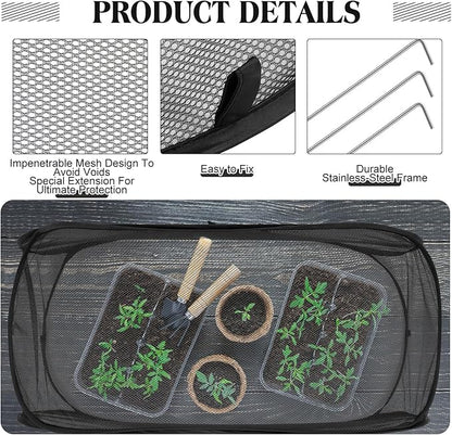 4 Pcs 39" x 18" x 16" Pop up Garden Mesh Plant Cover Outdoor Plant Protector Garden Row Raised Bed Cover with Ground Nails Crop Cage Net for Seedlings Vegetable Fruit Herbs (Black)