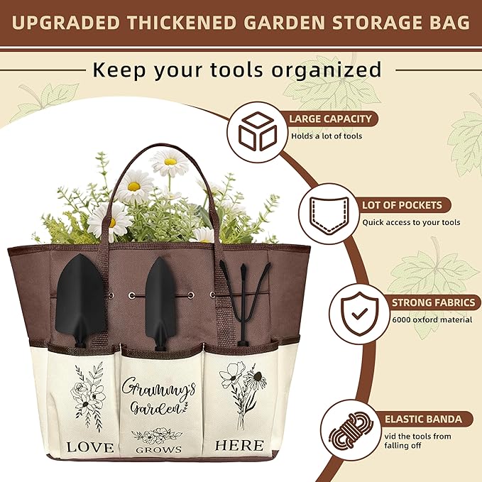 Grammy Gifts, Garden Kit Gifts for Grammy Mothers Day from Grandkids Gardening Tools and Durable Garden Tools Organizer Tote, Ideal Gardening Set for Women on Plant Lover Birthday Present Brown