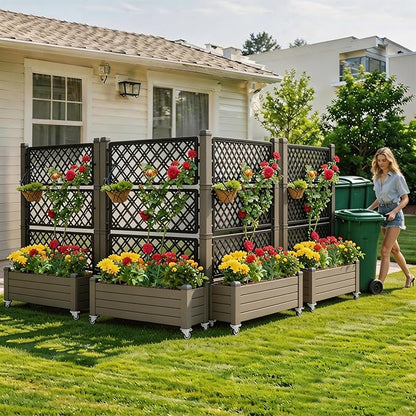 YITAHOME 3.6x1.5x5 FT Planter Box Trellis with Wheels, Large Outdoor Plastic Raised Garden Bed with Drain Plug for Climbing Plants, Light Brown