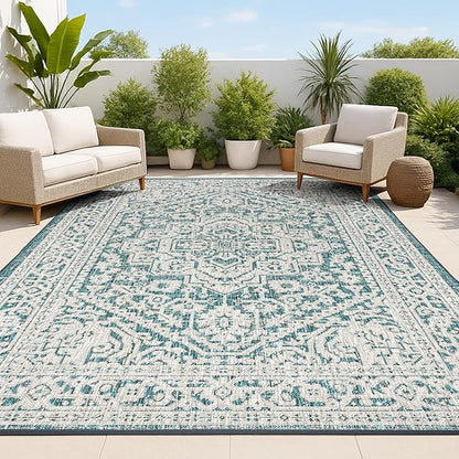 JONATHAN Y Medallion Weave Indoor Outdoor Area Rug 3X5 Teal Blue/Gray, Sinjuri Textured for Backyard, Patio, Porch, Easy-Cleaning, High Traffic, Pet-Friendly, Non-Shedding (SMB101C-3)