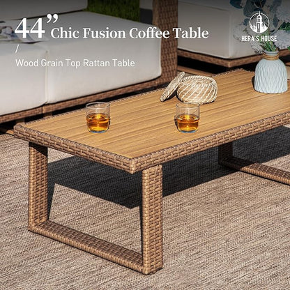 HERA'S HOUSE 5 Pieces Sectional Outdoor Patio Furniture Set, Modular Patio Conversation Set with 2 All Weather Rattan Wicker Sofas with 5.3" Widened Armrest, 2 Comfy Armchairs, and 1 Coffee Table