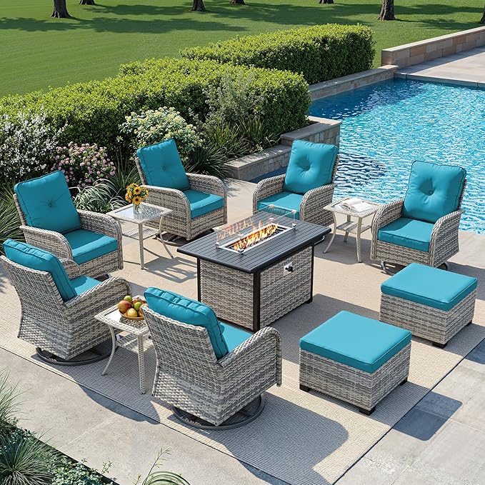 12-Piece Small Patio Furniture Set, Outdoor Swivel Rocking Chairs Set with 55,000 BTU Fire Pit Table Wicker Chairs and Ottomans, Patio Bistro Set for Balcony, Deck, Porch, Lake Blue