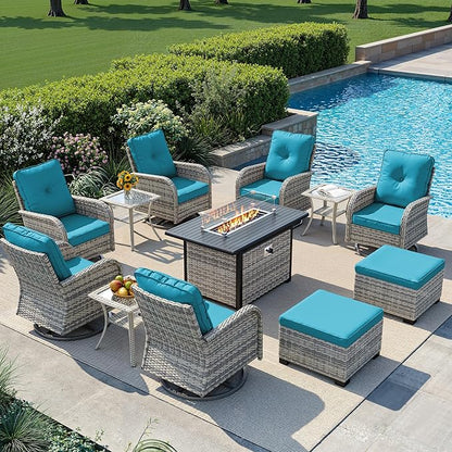 12-Piece Small Patio Furniture Set, Outdoor Swivel Rocking Chairs Set with 55,000 BTU Fire Pit Table Wicker Chairs and Ottomans, Patio Bistro Set for Balcony, Deck, Porch, Lake Blue