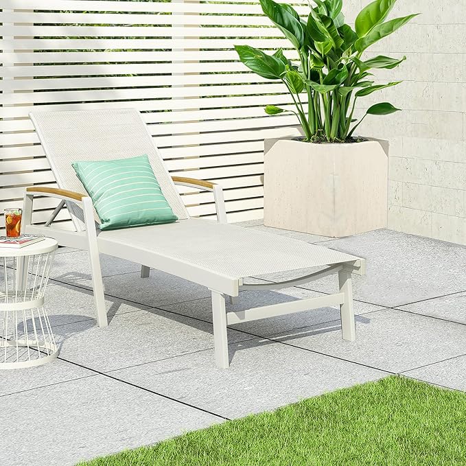 Christopher Knight Home Patio Aluminum Chaise Lounge, Adjustable Mesh Chaise Lounge, 5 Position Back Recliner, Lounge Chair with Armrest, Ourdoor Deep Seating Lounge for Poolside Backyard, White