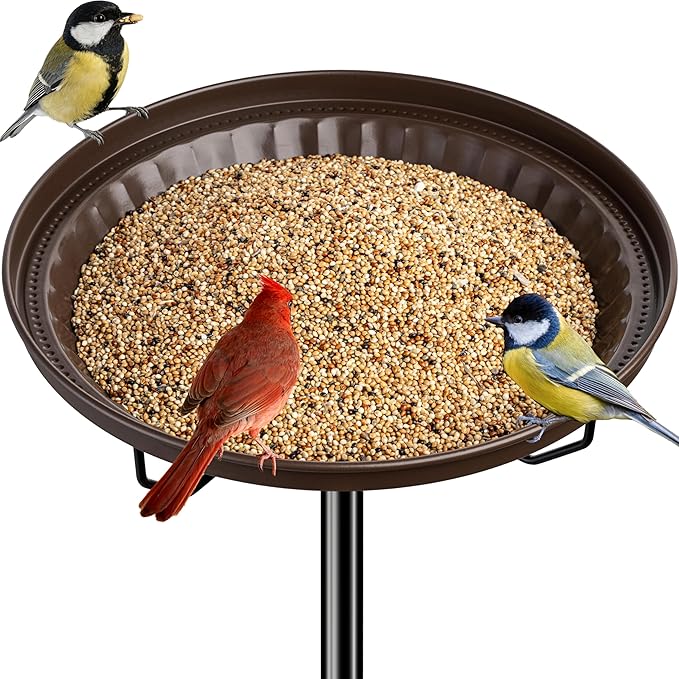 iBorn Standing Bird Feeder, Metal Bird Feeder Tray Stand with 5-Pronged Base, 37.4" Ground Height Heavy Duty Feeder Stand, 11.2" Detachable Bird Feeder with Pole for Outdoor Garden Yard Lawn, Bronze