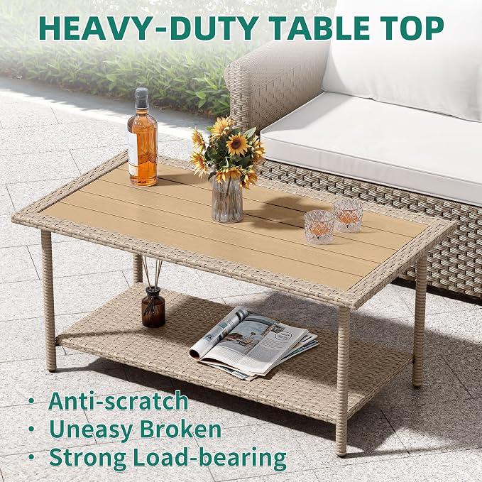 YITAHOME Outdoor Wicker Coffee Table with Storage, 39.4" 2 Tier Rectangle Patio Coffee Table, All-Weather Rattan Outdoor Storage Table for Patio Garden Backyard Porch - Brown