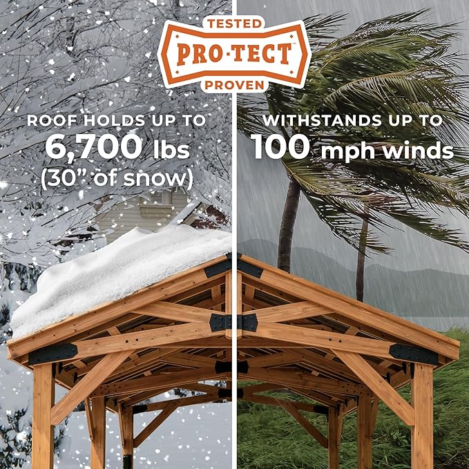 Backyard Discovery Norwood 12 ft. x 10 ft. Cedar Wood Gazebo Pavilion,Thermal Insulated Hard Top Steel Roof, Durable, Supports Snow Loads and Wind Speed, Rot Resistant, Backyard, Deck, Garden, Patio