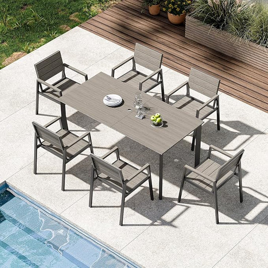 Patio Outdoor Dining Set for 6, Aluminum 7 Piece HDPE Patio Table and Chairs Set with Umbrella Hole, Modren Rectangular Patio Furniture Set with All-Weather Table and 6 Chairs (Classic Gray)