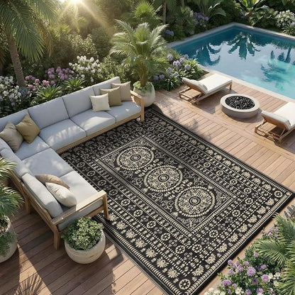 Garvee Reversible Outdoor Rug 6x9 for Patio, Waterproof Outdoor Area Rug, Modern Medallion Indoor Outdoor Rugs, Plastic Straw Rug for RV, Camping, Deck, Vintage Brown