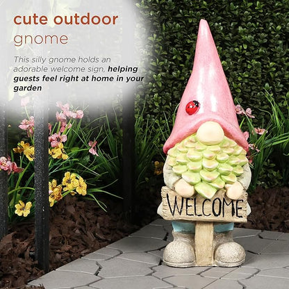 Alpine Corporation QWR1466 Gnome with Red Hat Holding “Welcome” Sign, Stylish Décor for Garden, Patio, & Pathway, 19" H, Multicolor