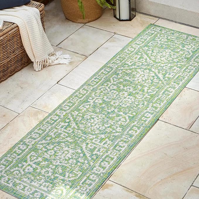 JONATHAN Y Boho Medallion Indoor Outdoor Runner Rug 2X8 Cream/Green, Malta Textured Weave for Backyard, Patio, Porch, Easy-Cleaning, High Traffic, Pet-Friendly, Non-Shedding (SMB104F-28)