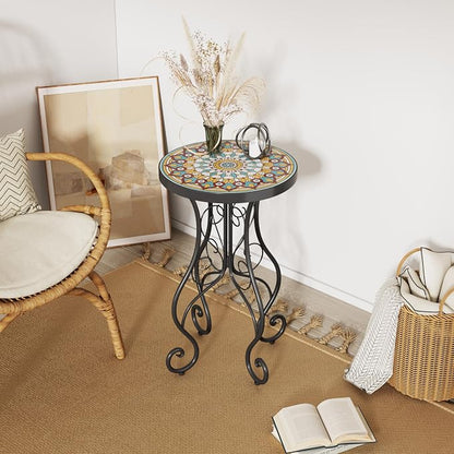 Merax Patio Side Table for Small Space, 22.45" Height Metal Outdoor Indoor Round Side Table, French Country Style, Floral Design Small End Table for Yard Porch Balcony Garden, Brown+Black