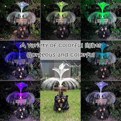 Solar Bear Garden Statues,Resin Black Bear Family Figurine with Welcome Card and 7-Color Changing Optical Fiber with Solar Lights, Lawn Decor Outdoor Statue for Patio,Balcony,Yard,Lawn