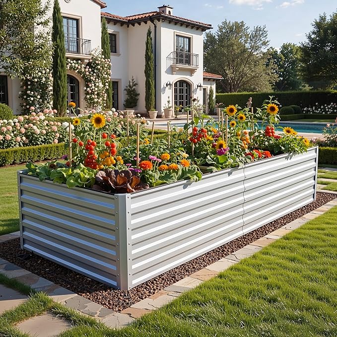YITAHOME 8x4x2ft 2pcs Large Raised Garden Bed, Galvanized Metal Planter Box with Gloves, Ground Nails, Support Rod & Safety Rubber, Outdoor Above Ground Planters for Plants Vegetables Flowers, Silver