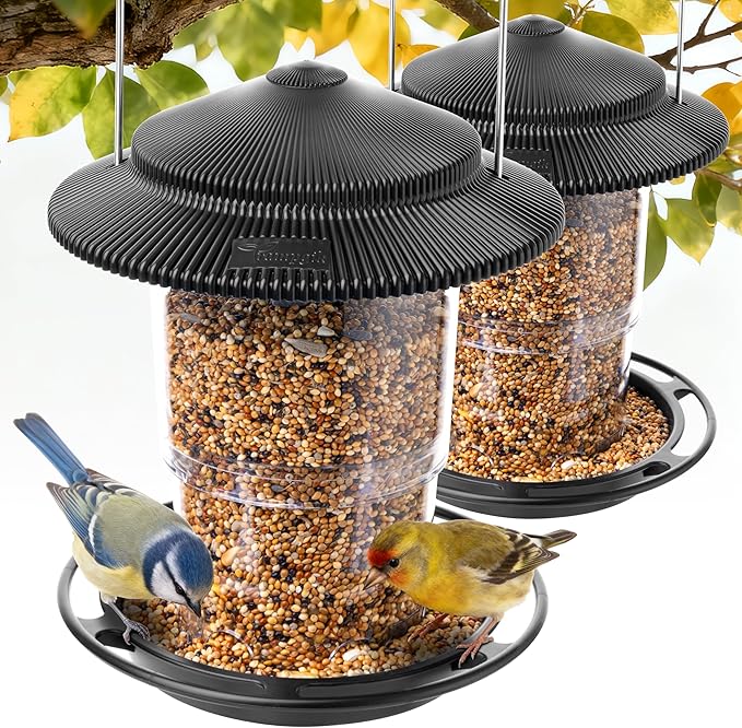 Outdoor Bird Feeder, Retractable Bird Feeder Hanging, Metal Hanger, Rainproof & Leak-Proof, Black, Pack of 2