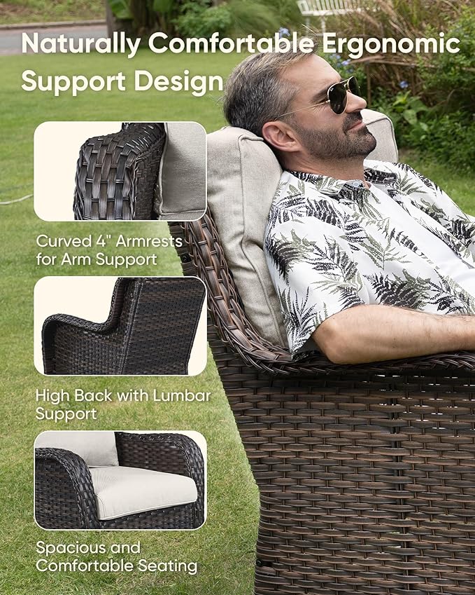 HUMMUH 4 Piece Outdoor Patio Furniture Set Wicker Conversation Bistro Set Swivel Rocker Chairs with 2pcs Ottomans for Backyard, Porch, Balcony