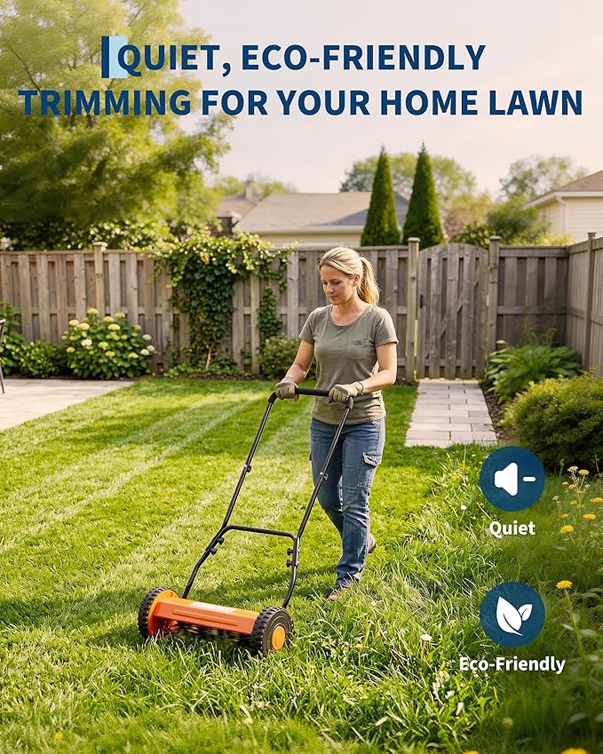 Garvee 16" Push Reel Lawn Mower, 5-Blade Manual Walk-Behind Lawn Mower with Adjustable Cutting Height, Compact Push Mower for Small Yards, Orange