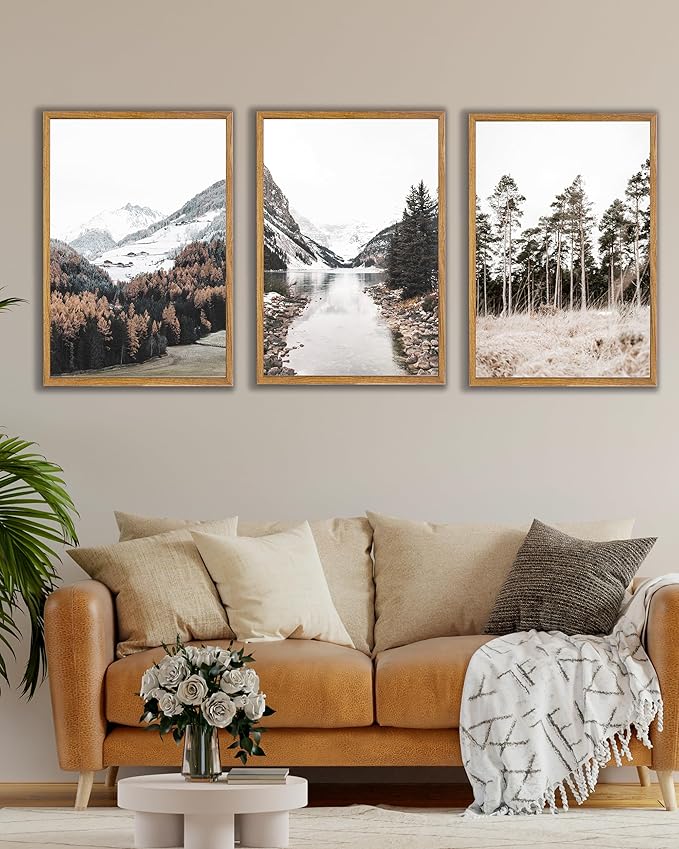 UPWOIGH Large Framed Canvas Wall Art, Set of 3 Pine Trees, 16x24 in Minimalist Cotton Posters, Mountain Landscape Photography, Modern Botanical Aesthetic for Living Room, Bedroom, Office