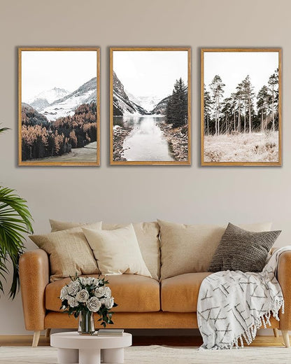 UPWOIGH Large Framed Canvas Wall Art, Set of 3 Pine Trees, 16x24 in Minimalist Cotton Posters, Mountain Landscape Photography, Modern Botanical Aesthetic for Living Room, Bedroom, Office