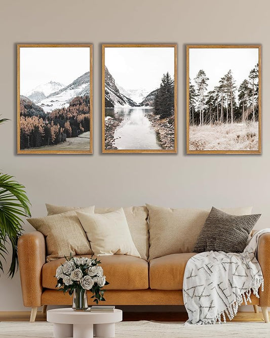 UPWOIGH Large Framed Canvas Wall Art, Set of 3 Pine Trees, 16x24 in Minimalist Cotton Posters, Mountain Landscape Photography, Modern Botanical Aesthetic for Living Room, Bedroom, Office