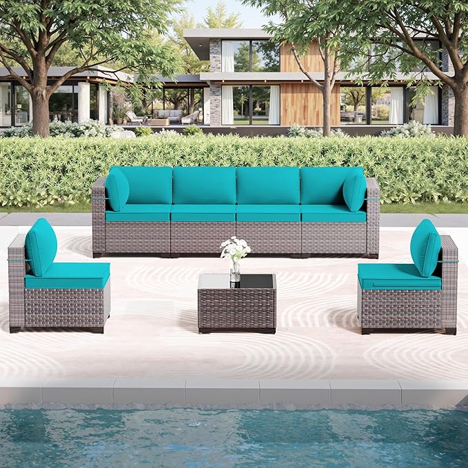7 Pieces Outdoor Patio Furniture Set with Coffee Table, PE Wicker Rattan Outdoor Sectional Patio Set with Thick Cushion, Outdoor Patio Conversation Set for Backyard, Garden, Deck, Blue