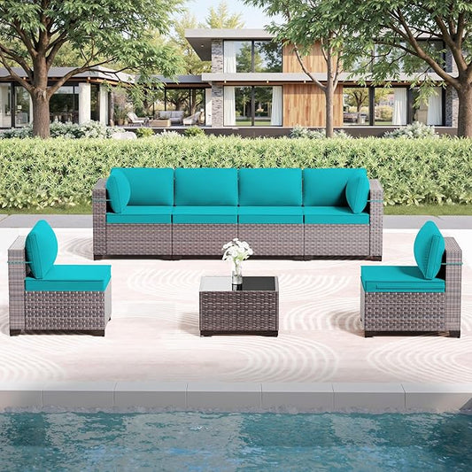 7 Pieces Outdoor Patio Furniture Set with Coffee Table, PE Wicker Rattan Outdoor Sectional Patio Set with Thick Cushion, Outdoor Patio Conversation Set for Backyard, Garden, Deck, Blue