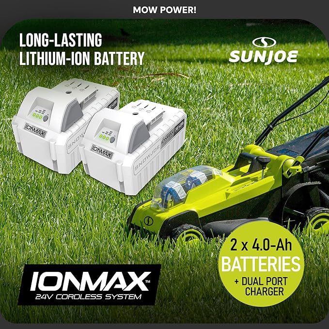 Sun Joe Cordless Electric Push Lawn Mower with 6-Position Height Adjustment, 11-Gal Bag, 17-Inch Cutting Width - Heavy-Duty Yard Trimmer for Gardening Care and Maintenance, 24V-X2-17LM