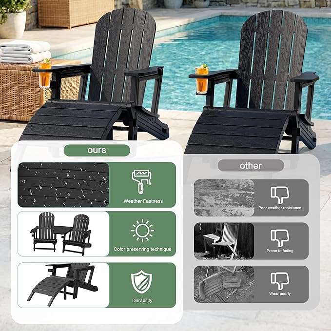 JY QAQA Outdoor Adirondack Chair Set of 2 with Detachable Table & Ottoman, All-Weather HDPE Patio Furniture with Wood Texture & Cup Holder for Patio, Poolside, Garden, Black