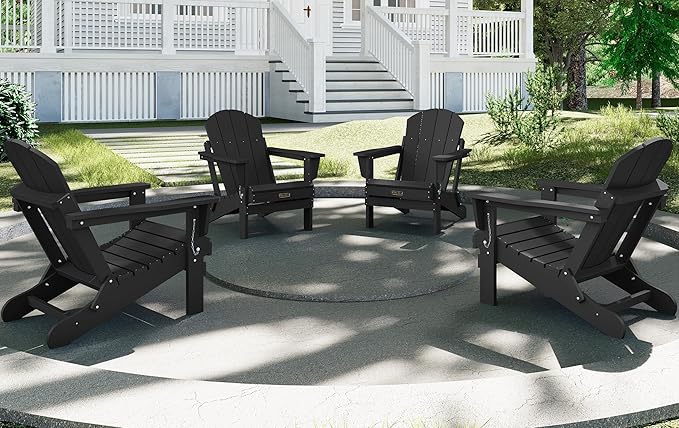 SERWALL Folding Adirondack Chairs Patio Chairs Lawn Chair Set of 6 Outdoor Adirondack Chair Weather Resistant for Patio Deck Garden, Backyard Deck, Fire Pit - Black