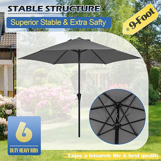 Sunnyglade 9FT Outdoor Patio Umbrella, Market & Table Umbrella with 6 Sturdy Ribs and Crank System, Fade-resistant & Waterproof for Garden Backyard Poolside Deck