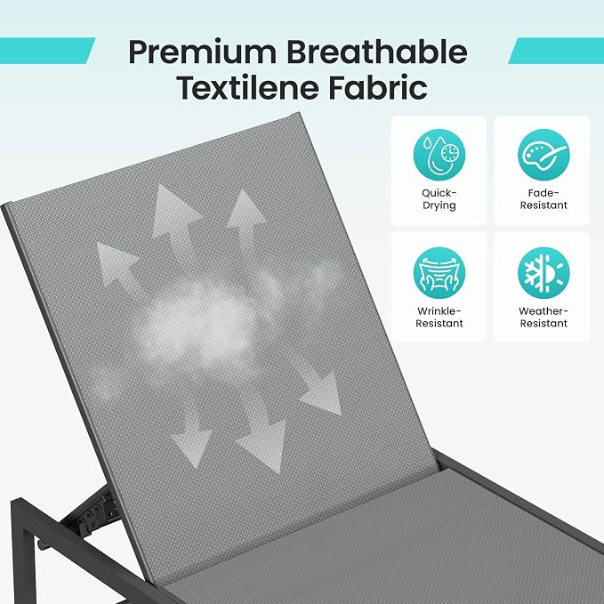 Amopatio Outdoor Lounge Chairs Poolside Chaise Lounge for Patio | Weather Resistant Rust Free Frame Breathable Textilene 5-Position Adjustable Backrest 400 LBS Capacity