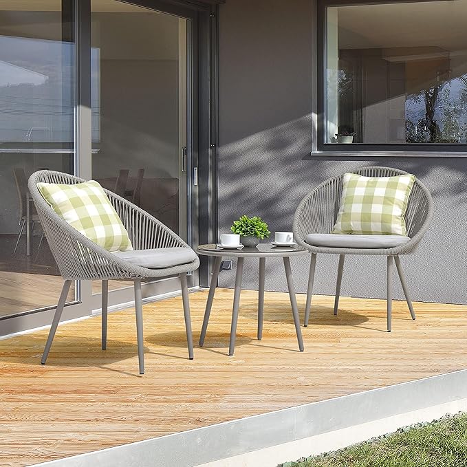 NUU GARDEN 3 Piece Outdoor Bistro Set, Woven Rope Conversation Patio Set, All Weather Patio Furniture Chairs and Table with Cushions for Garden, Deck, Backyard, Balcony, Porch, Beige