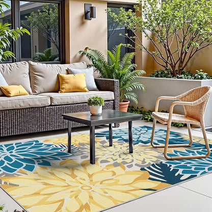 Colorful 4x6 Outdoor Area Rug Washable Rugs Multicolored Patio Rug Tropical Botanical Floral Chenille Outdoor Carpet Non Slip for RV, Pool Deck, Backyard, Porch, Ocean Dahlia