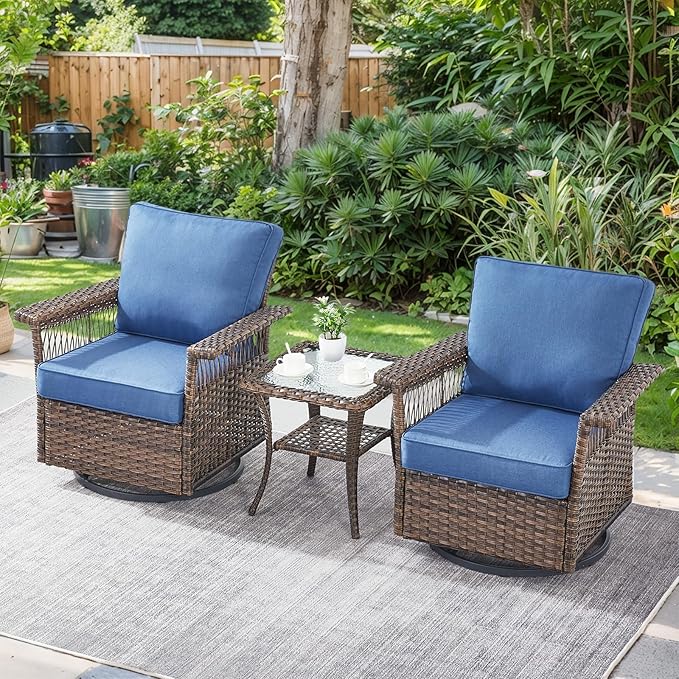 Patio Furniture Set with Fire Pit Table, 7PCS Patio Conversation Set Brown Resin Wicker Swivel Patio Chair Sofa Ottoman Set with Side Table and Fire Table PE Rattan Furniture Set