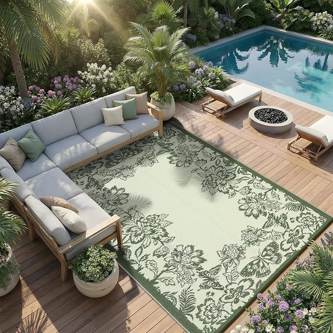 Garvee 5’x8’ Waterproof Patio Outdoor Rug, Outdoor Plastic Straw Rug for Camping, RV Mat Outside, Indoor Outdoor Carpet for Porch, Deck, Backyard, Balcony, Picnic, Ssage Green & White