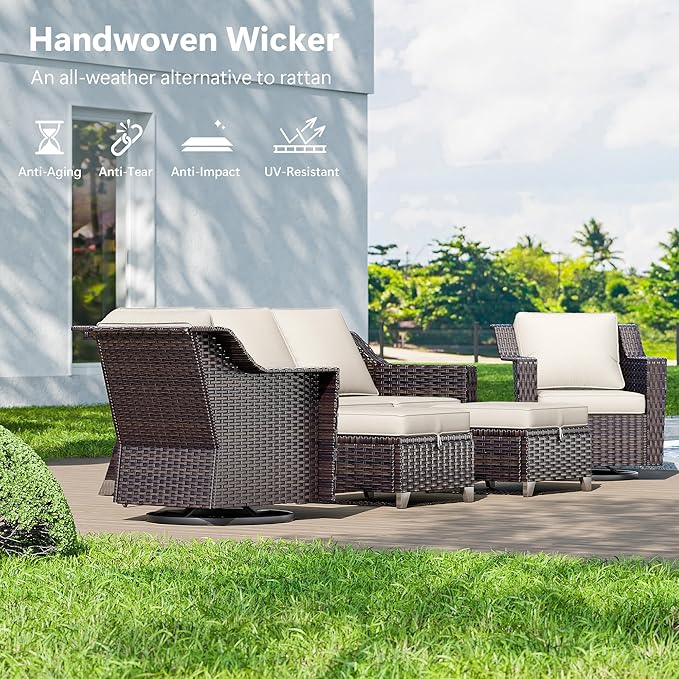 3 Pieces Wicker Patio Furniture, Luxury Outdoor Rattan Furniture with 2 Patio Swivel Chair,Side Table, Wide Armrest, Thickened Cushions, Ideal for Deck, Porch Use